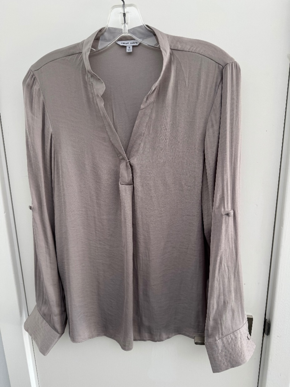 NAKED ZEBRA TAUPE BLOUSE, NWOT, Sm. LS, adjustable sleeve.